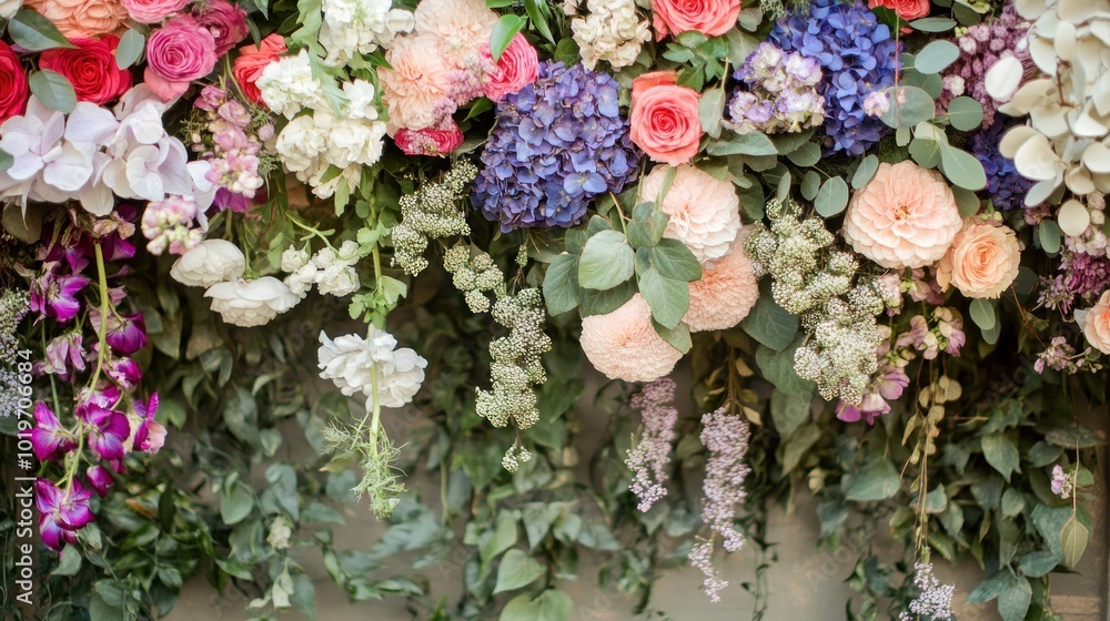 Wall mural A vibrant floral arrangement featuring various flowers and greenery.