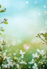 Obraz premium How beautifully white and yellow flowers are blooming it looks amazing surrounded by green nature open sky and shining sun. Copy space image. Place for adding text Cherry blossoms on pale blue backgro