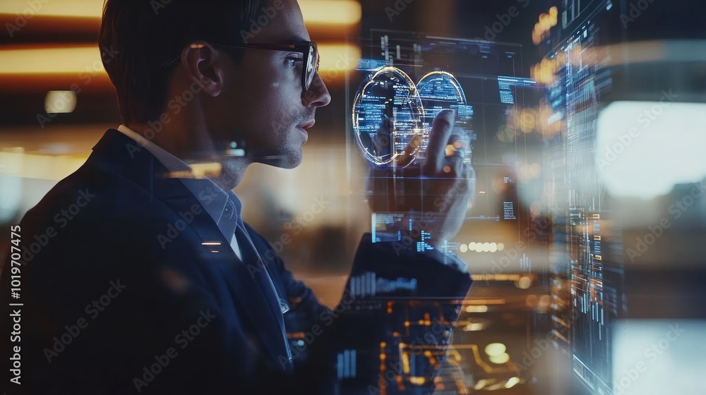 Poster a focused individual interacts with digital data and technology in a modern environment.