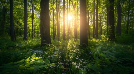 Fototapeta premium forest with tall trees and sunlight filtering through the leaves, creating a serene and peaceful atmosphere, with ferns and wildflowers scattered across the forest floor 