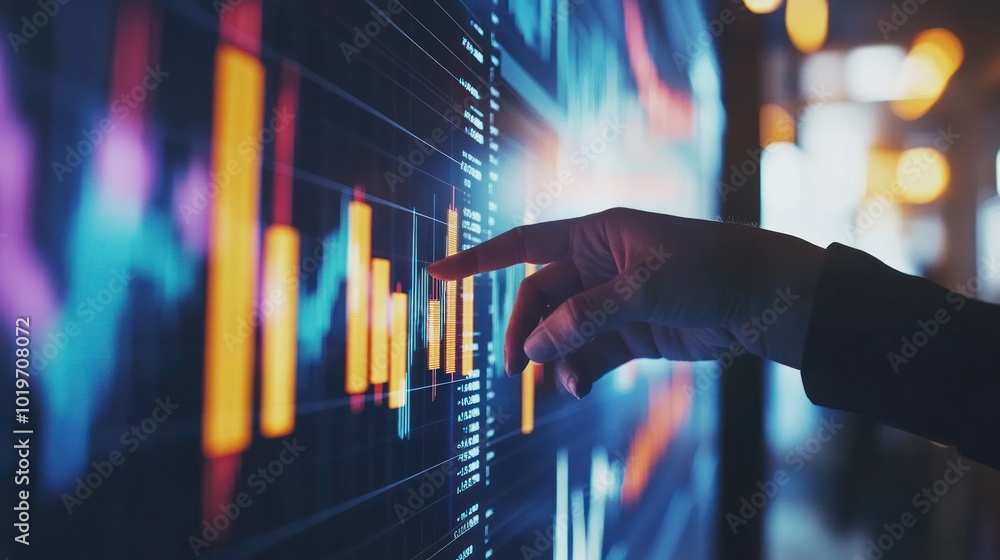 Poster a hand interacts with a digital display showing financial data and trends.