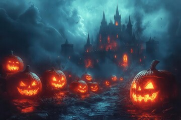 Naklejka premium spooky halloween background featuring eerie pumpkins adorning a dark haunted castle evoking a sense of mystery and fright in a gothic atmosphere