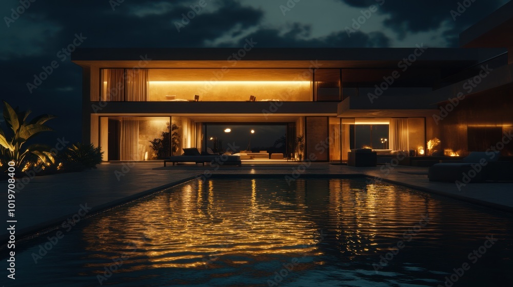 Canvas Prints A modern house illuminated at night, reflecting in a pool, showcasing contemporary design.