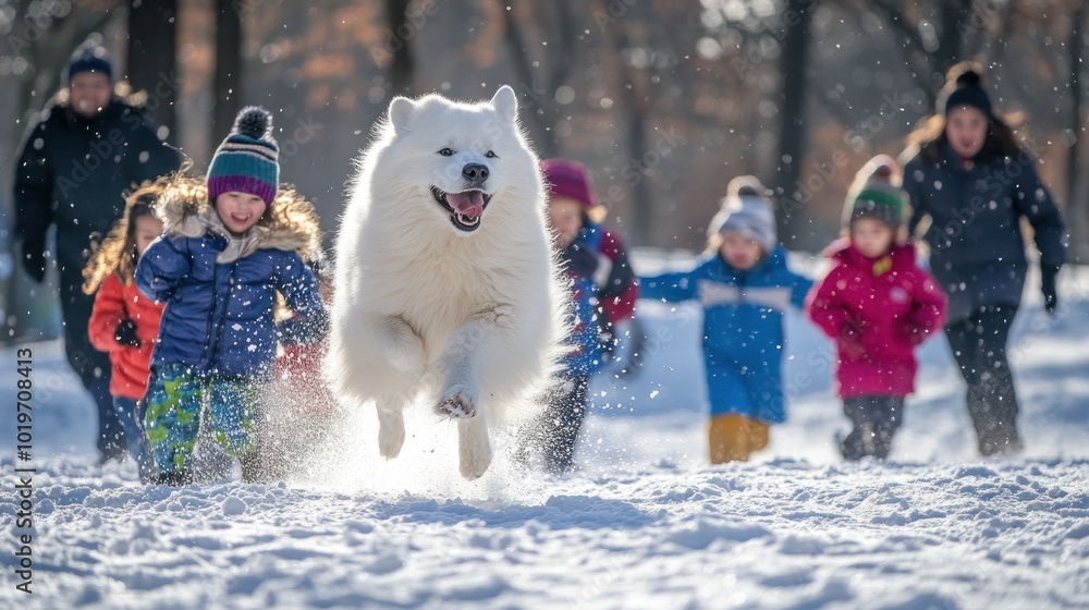 Sticker A joyful scene of children running in the snow with a playful Samoyed dog.