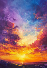 Obraz premium A painting of a sunset with a mountain in the background a painting of a sunset with a mountain in the background