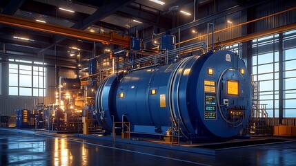 Boiler Room with Advanced Controls: A detailed interior shot of a boiler room, showcasing large furnaces and networked control panels.