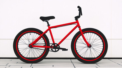 Fototapeta premium A bright red bicycle with black tires stands out against a white wall.