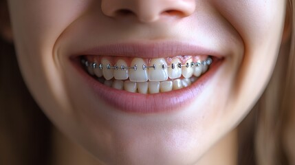 Fototapeta premium Side-by-side comparison of a patient's first day with braces and their smile post-braces, close-up shots capturing dental transformation, Photography, Natural Lighting
