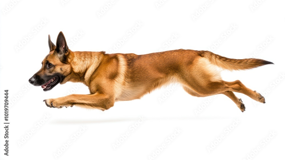 Wall mural A dog in mid-leap, showcasing agility and motion against a white background.