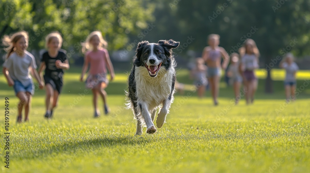 Poster A joyful dog running towards children playing in a sunny park.