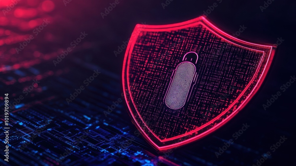 Poster a digital shield symbolizing cybersecurity, featuring a padlock on a futuristic background, emphasiz