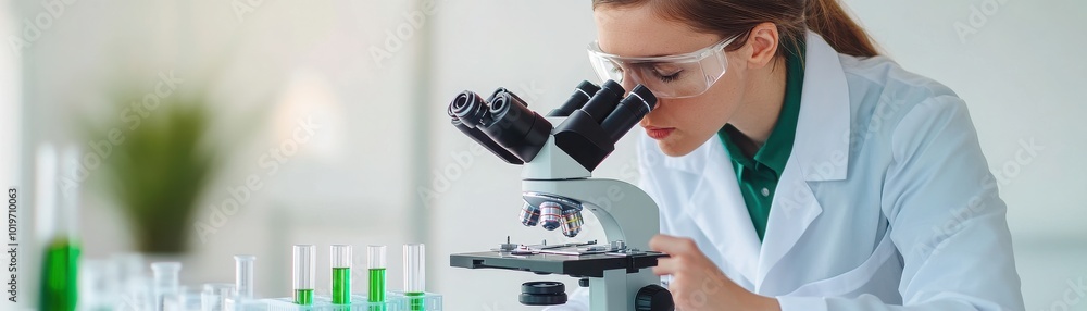 Poster a focused scientist examines samples under a microscope in a laboratory setting, showcasing precisio