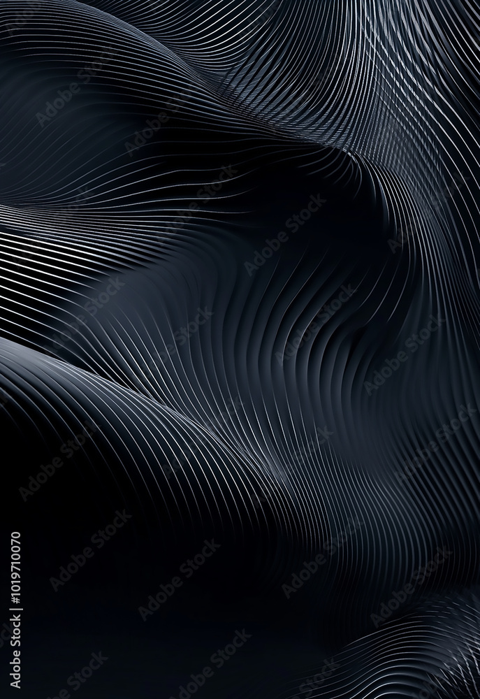 Poster abstract black and white 3d wavy lines beige artificial leather with realistic waves and folds, base