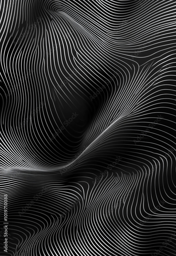 Poster abstract black and white 3d wavy lines beige artificial leather with realistic waves and folds, base