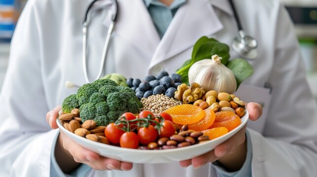 Healthcare professional holding heart-shaped bowl of nutrient-rich foods emphasizing balanced diet for cardiovascular health