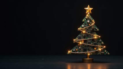 IT Christmas tree made of microcircuits, boards and wires over black background. Technology banner with copy space. Greeting card for sysadmin or engineer for Xmas and New Year holidays celebration.