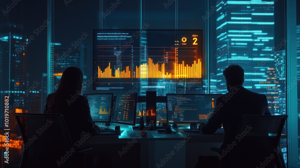 Poster a modern office scene with two individuals analyzing data on multiple screens at night.