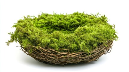A natural nest made of twigs and filled with green moss, suitable for decoration or crafts.
