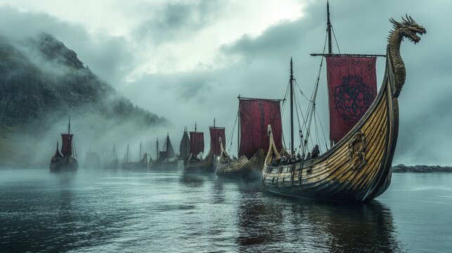Circle of Viking ships anchored off a rugged Nordic coastline, sails furled and dragon-headed prows facing inward, serene waters surrounding them