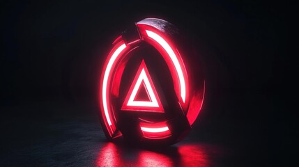 A glowing logo featuring a triangular design with red neon accents against a dark background.