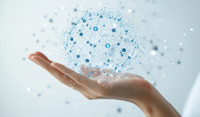 A hand holding out an array of interconnected blue and silver spheres, representing the idea that each point on one sphere is connected to many points in another through connections represented by lin