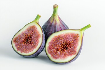 A close-up of fresh figs, one whole and one sliced, showcasing their vibrant interior and texture.