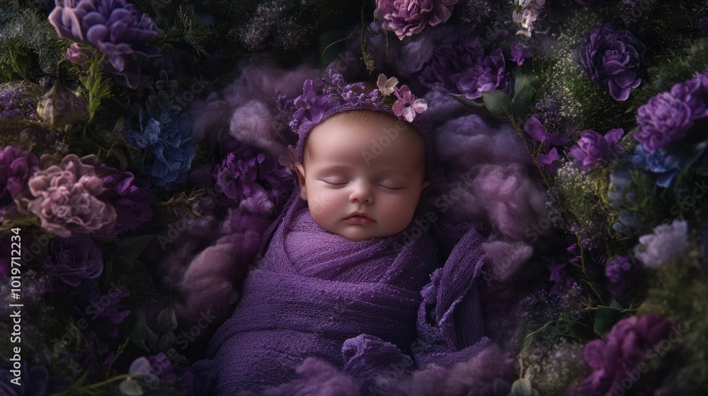 Wall mural A serene newborn swaddled in purple surrounded by vibrant flowers.