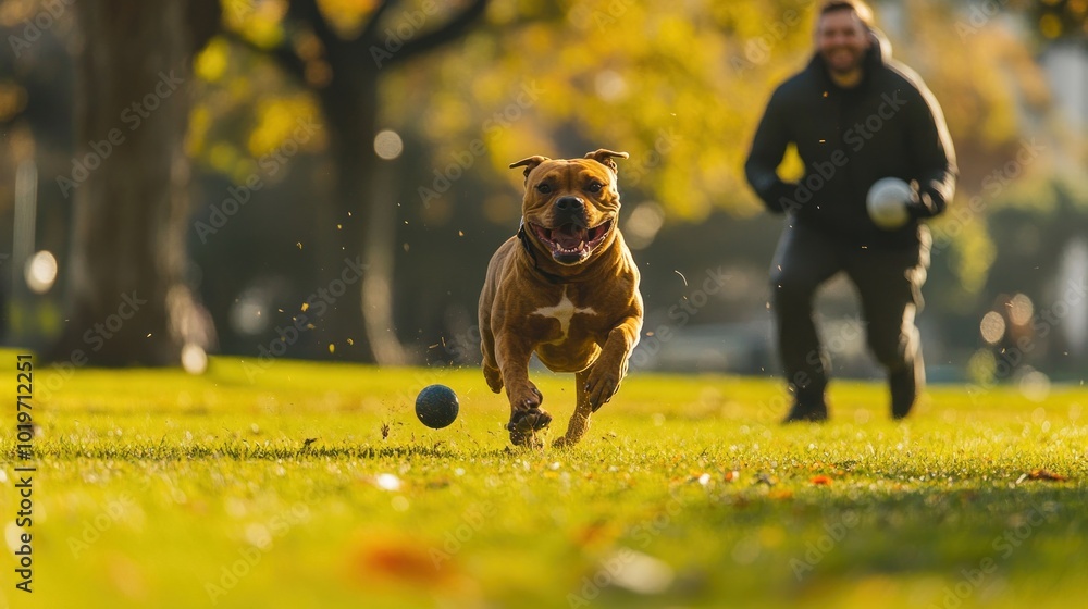 Canvas Prints A joyful dog running in a park while its owner plays with a ball.