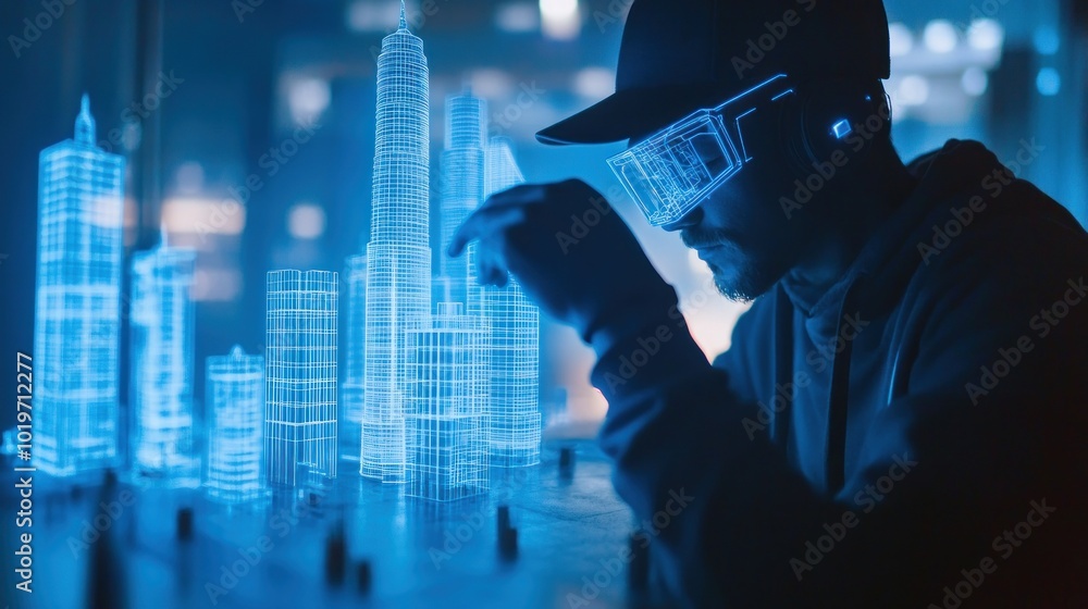 Poster a person using augmented reality glasses to interact with a holographic cityscape model.