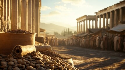 Circular marketplace in ancient Greece, lively vendors offering scrolls, spices, and wine, set against a backdrop of tall marble columns and clear blue skies