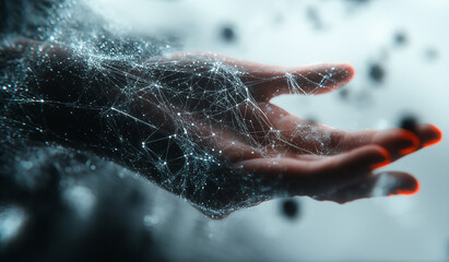 Fototapeta premium Abstract concept of a hand touching a digital network with carbon molecules and abstraction on a white background, a futuristic technology business connection idea, global world communication data tra