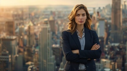 Fototapeta premium Photo of a confident woman in a powerful pose. A woman in business attire stands confidently with her arms crossed and looks out over a bustling city view. Her gaze is focused and her pose exudes powe