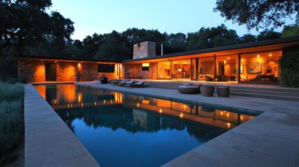 A modern house at dusk featuring a pool and warm lighting.