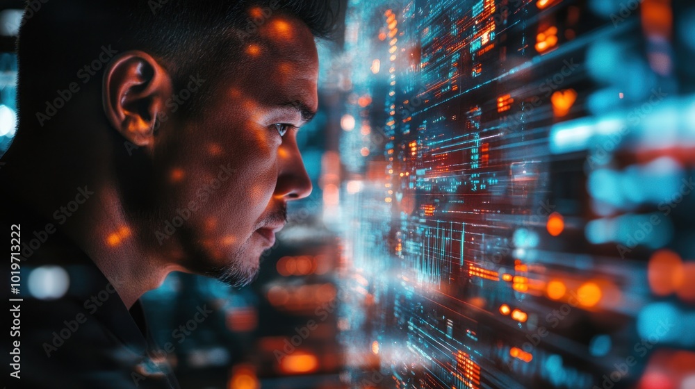 Poster a focused individual analyzes data on a digital interface, surrounded by vibrant visual elements.