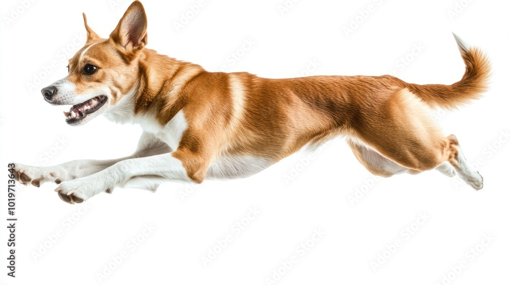 Canvas Prints A dog joyfully leaping in mid-air against a white background.