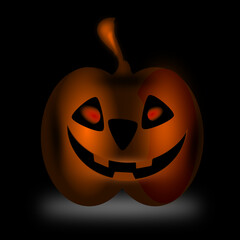 Vector realistic halloween pumpkin with glowing face in the dark