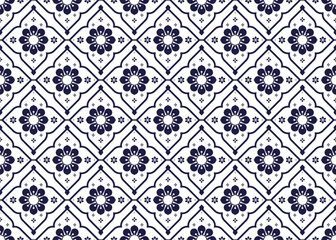 dark blue symbol floral Portuguese style on White background, ethnic fabric seamless pattern, design for cloth, carpet, batik, wallpaper, wrapping etc.
