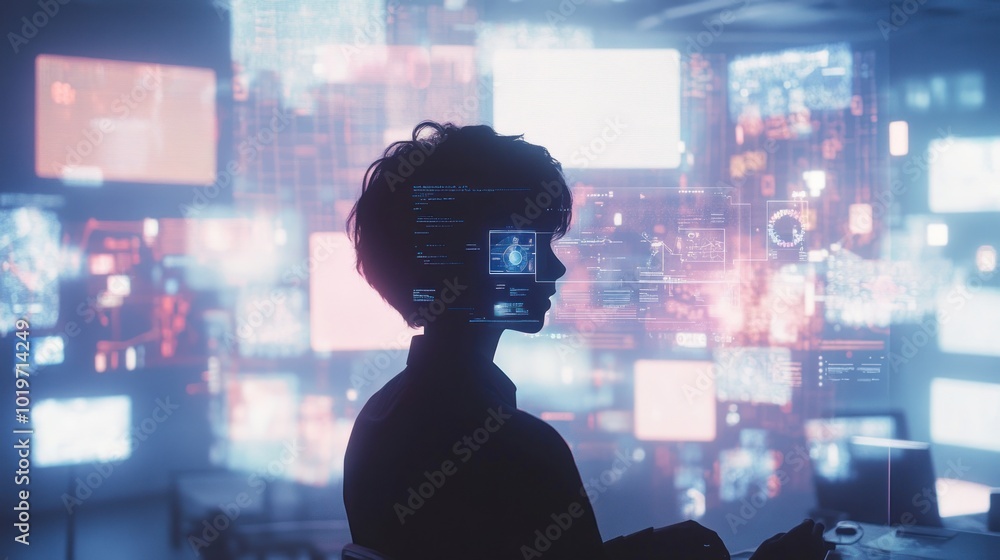 Poster a silhouette of a person surrounded by digital screens displaying data and graphics.