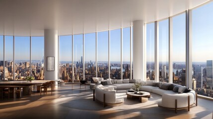 Modern interior with panoramic city views, featuring a stylish lounge and dining area.