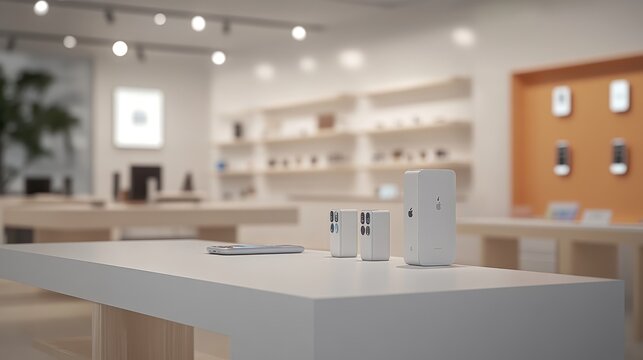 A modern retail display featuring electronic devices on a minimalist table.