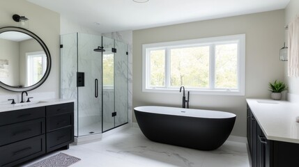 Modern bathroom featuring a sleek design with a freestanding tub and glass shower.