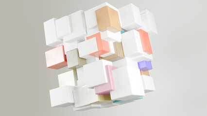 Abstract Floating Cubes in a Minimalist 3D Design with Pastel Accents. An arrangement of white and pastel-colored cubes suspended in a minimalist 3D space, modern visual aesthetic.