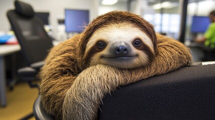 An adorable sloth rests in an office space, representing a laid-back approach to the workday. Calm, unconventional workplace setting.