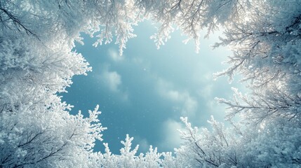 Frosty Tree Branches Framing a Blue Sky with Falling Snow