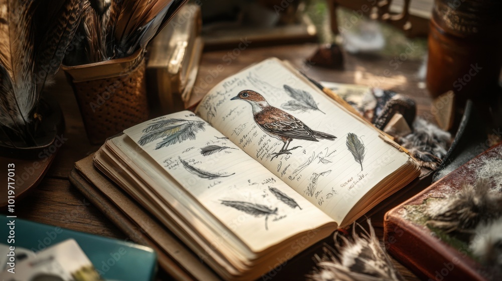 Poster nature enthusiast's journal filled with sketches and notes on different bird species