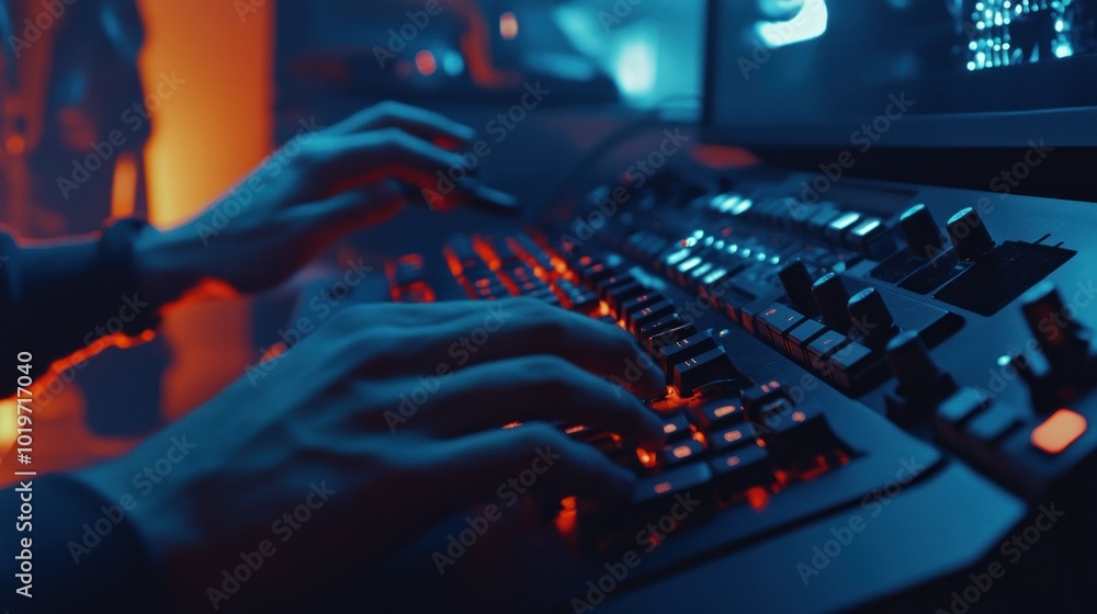 Poster a close-up of hands typing on a backlit gaming keyboard in a dimly lit environment.