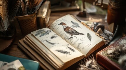 nature enthusiast's journal filled with sketches and notes on different bird species