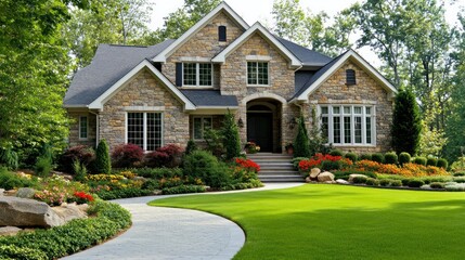 A beautiful stone house surrounded by a lush garden and manicured lawn.