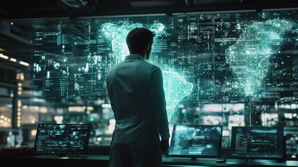 Fototapeta premium A person in a lab coat observes a digital map of South America on a futuristic interface.