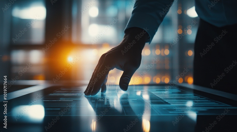 Poster a hand interacts with a futuristic touchscreen interface in a modern setting.